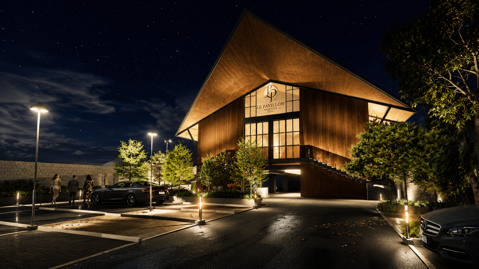 Le Pavillion venue exterior at night, Mauritius